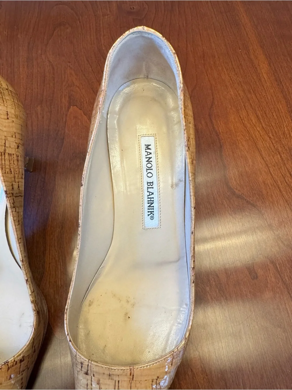 Manolo Blahnik Cork-Textured Pointed-Toe Pumps in Light Tan